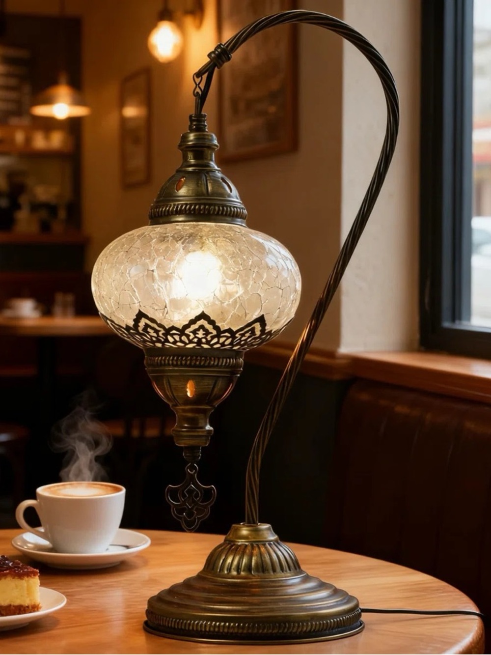 Antique Brass Moroccan Glass Table Lamp - Warm White